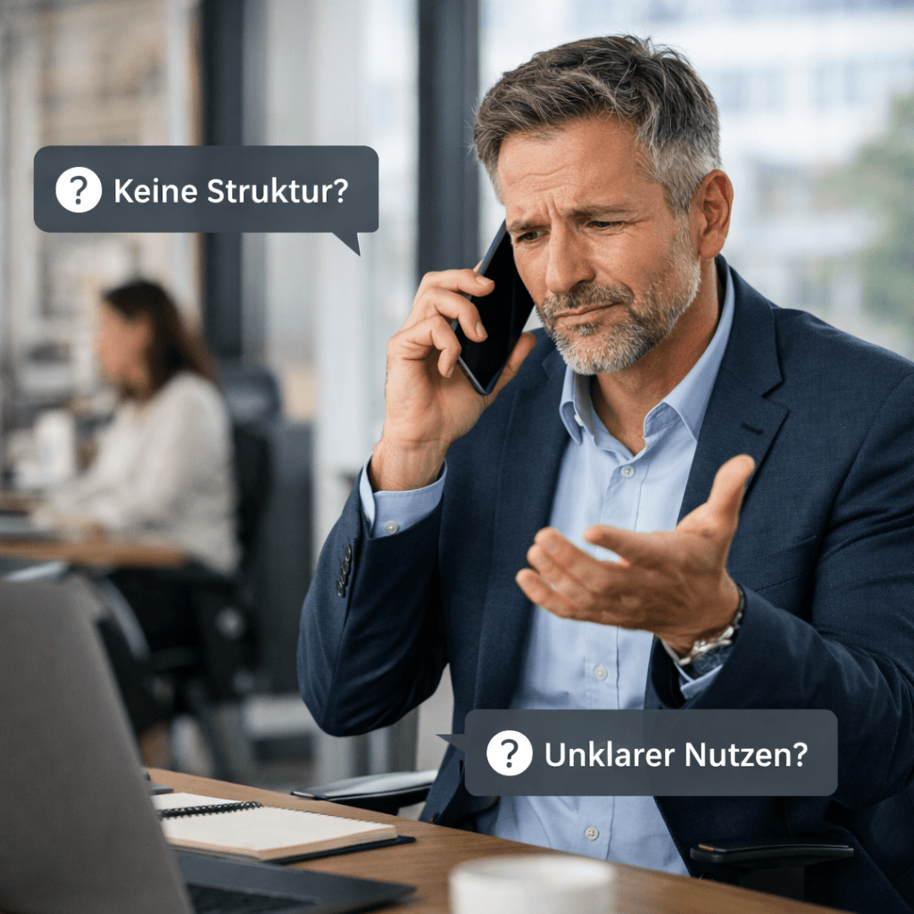 Unsicherer Geschäftsmann im Telefonat